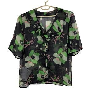 MARNI Black Green Floral Ruffle V-neck Blouse silk organza sheer fairy preppy